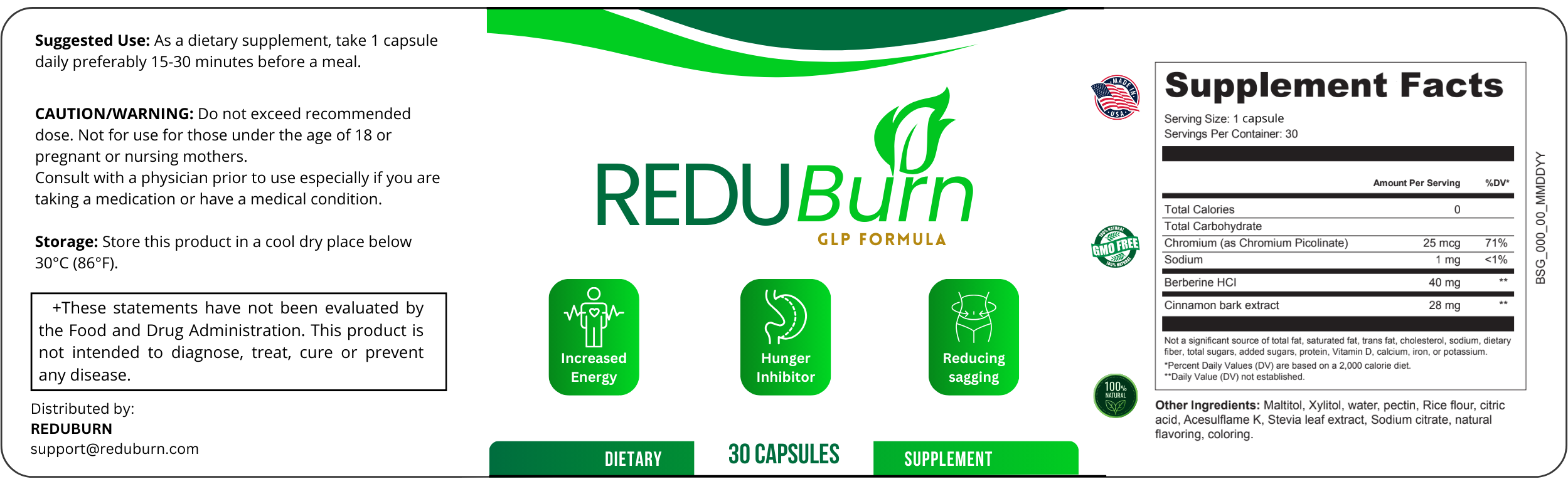 REDUBurn Supplement Label